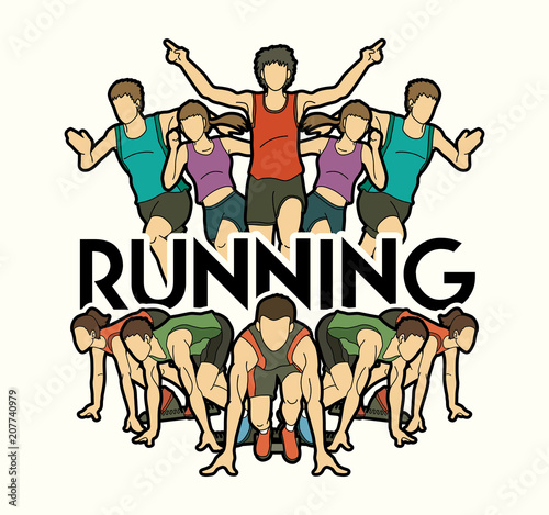 Group of people running with text running Marathon runners graphic vector  