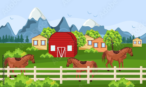 Horses farm, green field Vector. Farm ville sunny summer day backgrounds