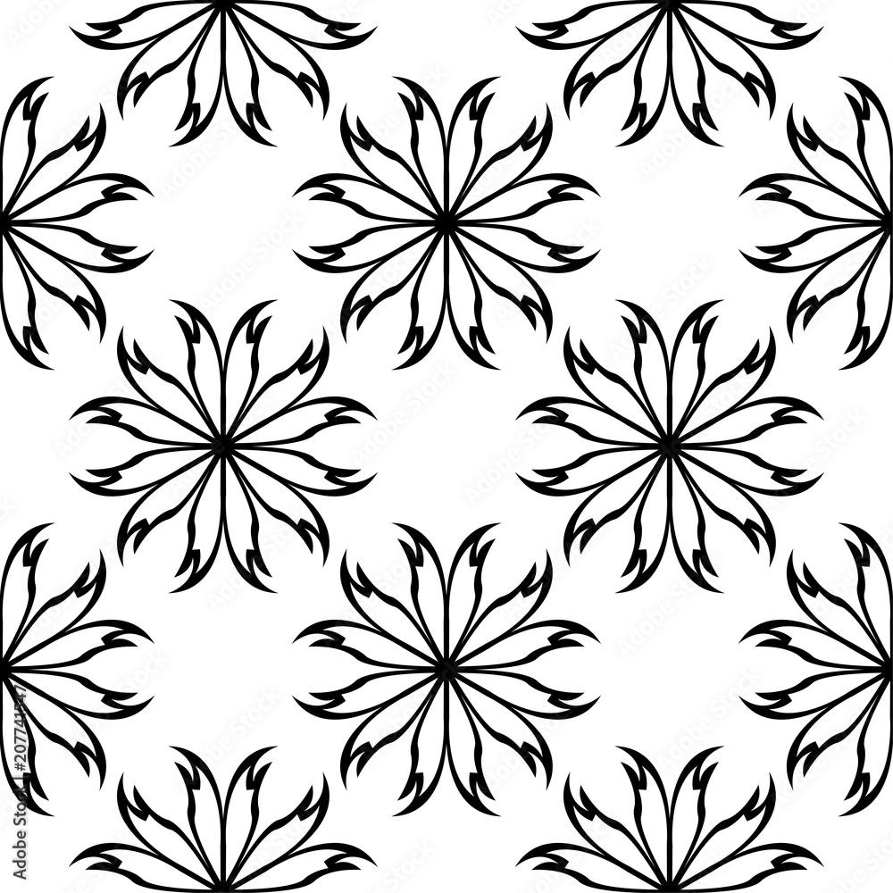 Black floral seamless pattern on white background