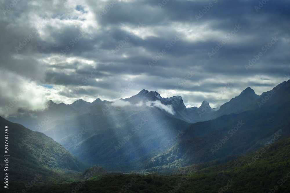 Fiordland national park stormy landscape, New Zealand Fiordland national park stormy landscape, New Zealand