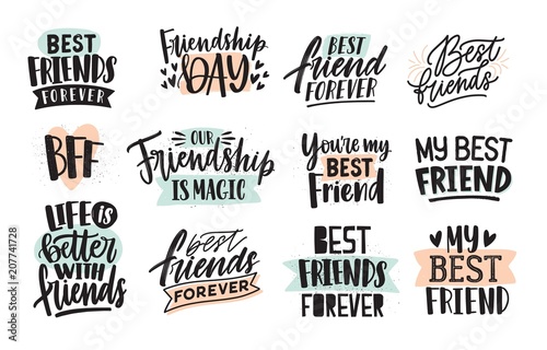 Collection of creative Thank You lettering or inscriptions written with decorative calligraphic font. Bundle of gratitude phrase decorated with cute elements. Hand drawn vector illustration.