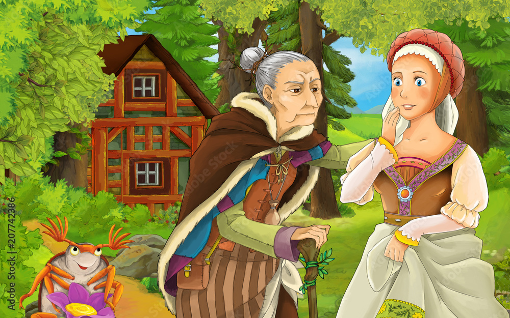 cartoon scene with happy young girl and older woman talking near the old wooden house in the forest-  illustration for children