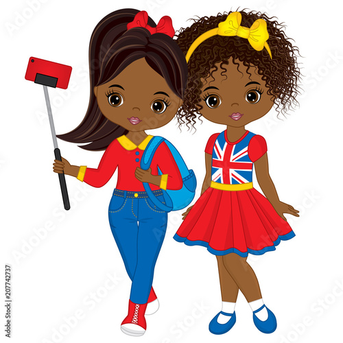 Vector Beautiful African American Girls Making Selfie