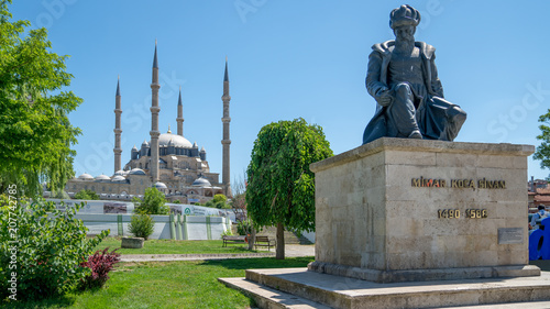 Selimiye Mosque and statue of its architect Mimar Sinan, Edirne, Turkey photo