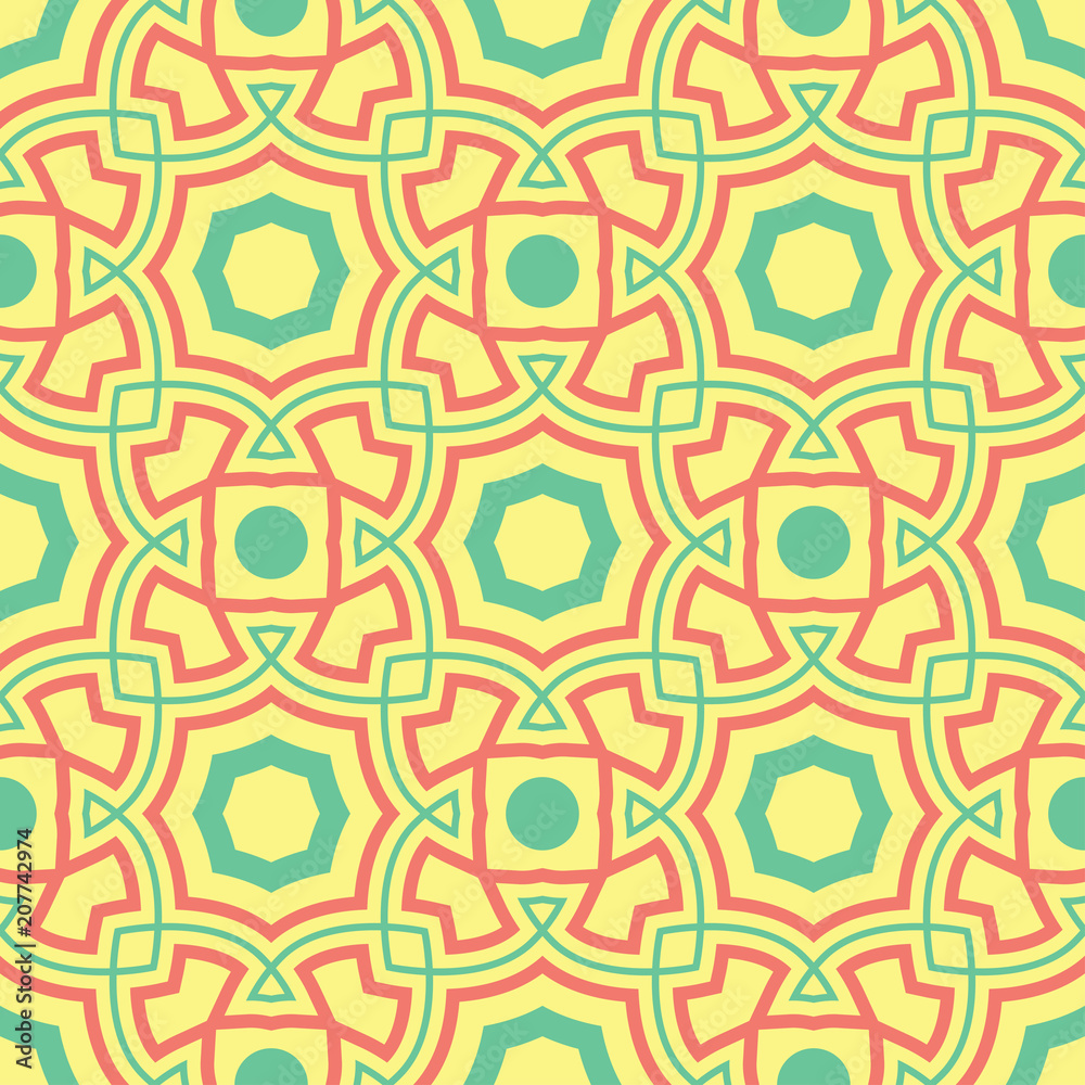 Geometric yellow seamless pattern. Colored background with pink and green design