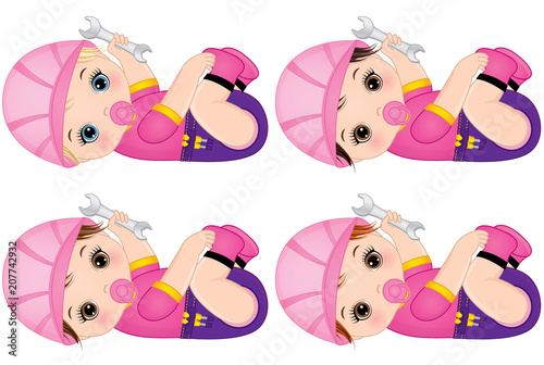 Vector Cute Baby Girls Dressed as Little Builders and Holding Wrenches