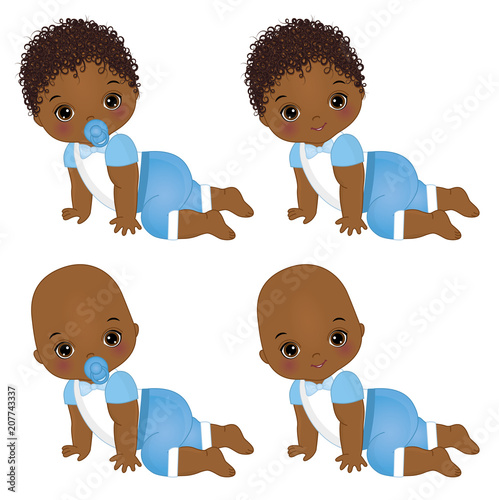 Vector Cute African American Baby Boys Crawling. Vector Baby Boy Shower