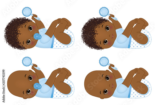 Vector Cute African American Baby Boys with Rattles. Vector Baby Boy Shower