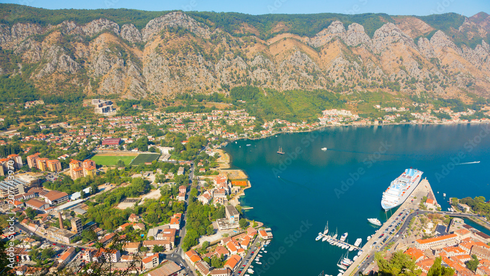 Panoramic aerial view of Kotor and Boka Kotorska bay, Montenegro