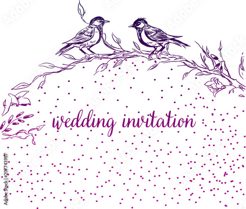 Elegant and cute illustration. Birds sit on each branch. Printing for textile and industrial purposes. And a beautiful romantic frame of flowers and twigs. Vector illustration. Thank You with Place