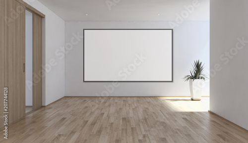 Modern bright interiors empty room with mockup poster frame 3D rendering illustration