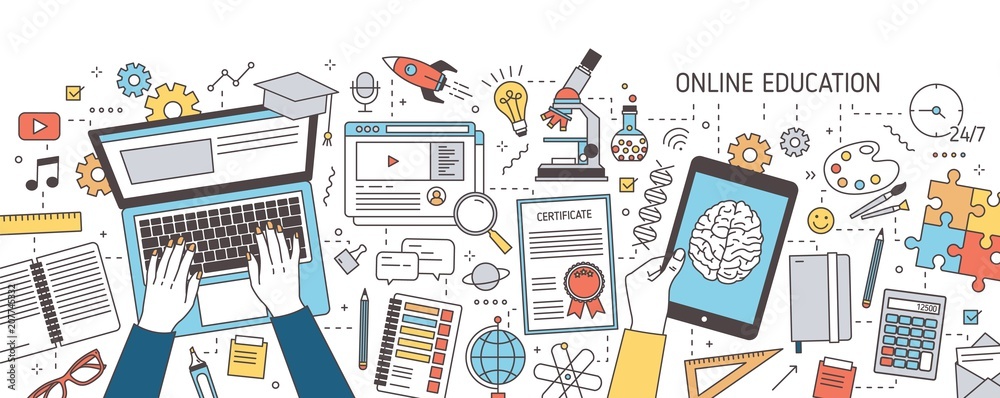 Colorful horizontal banner with hands typing on laptop and holding tablet computer and various office supplies. Distance online education, internet learning. Vector illustration in line art style.