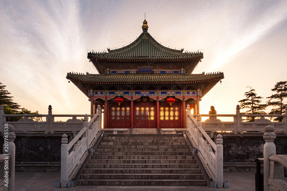 Sunset Over Chen Xiang Ting Building in Chinese Park in Xi'an, China