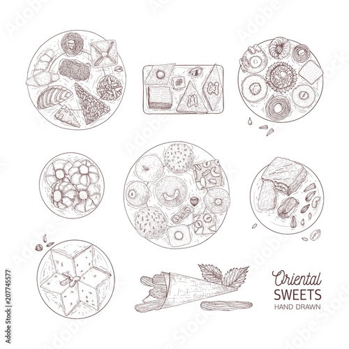 Bundle of monochrome drawings of oriental sweets. Set of traditional desserts hand drawn with contour lines on white background. Tasty confections, delicious pastry. Realistic vector illustration.
