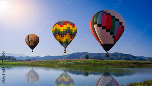 The Colorful hot air balloons flying above cosmos flield and green tea plantation with sunlight ray blue sky background photo