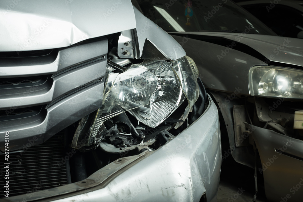 Auto body repair series: Closeup of crashed cars