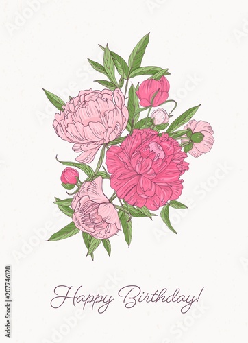 Birthday greeting card template with bunch of gorgeous blooming peony flowers hand drawn on white background