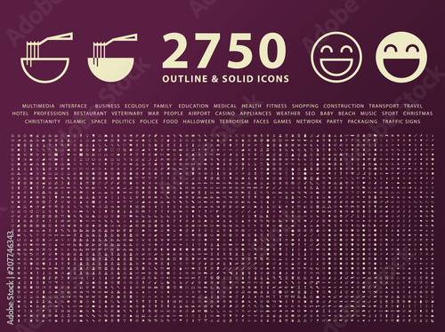 Set of 2750 Outline and Solid Icons on Dark Background . Vector Isolated Elements 
