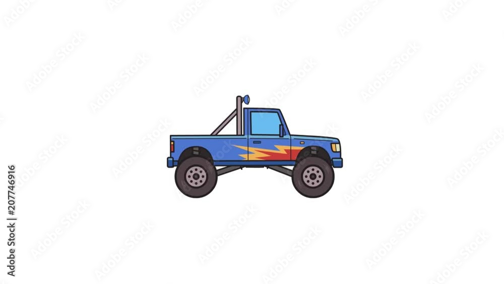 Animated big wheel monster truck. Flat animation. Isolated on white background Animated big wheel monster truck. Flat animation. Isolated on white background