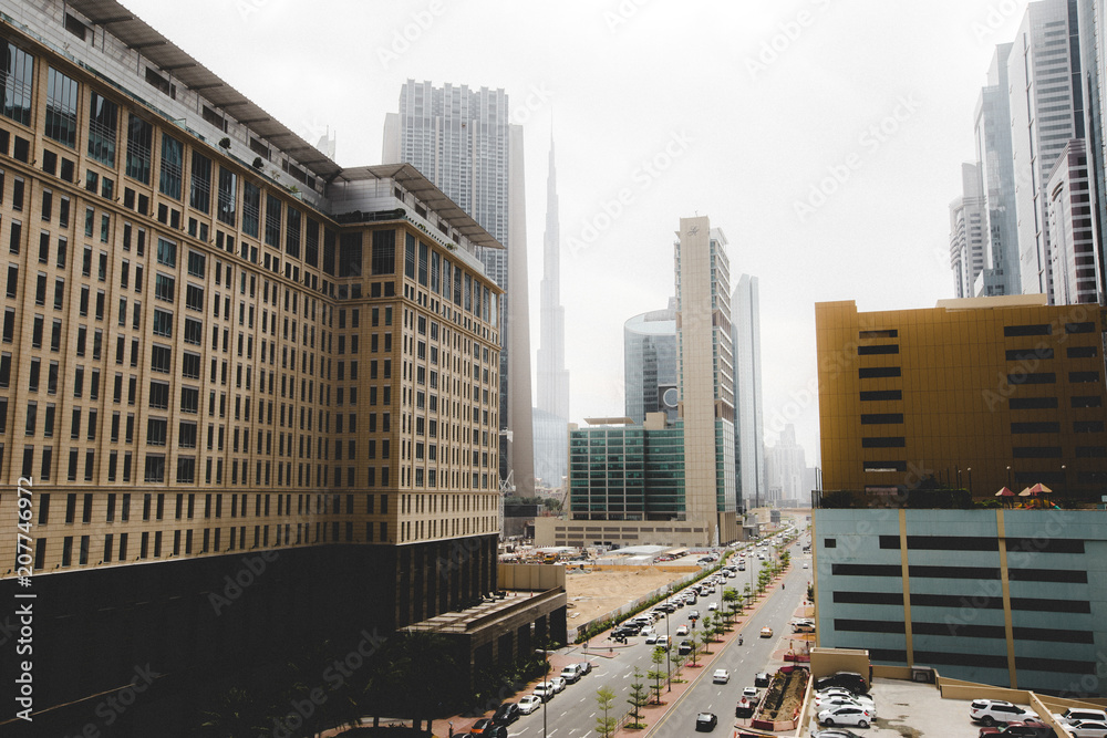 Fototapeta premium Dubai, UAE skyscrapers in city center near Burj Khalifa.
