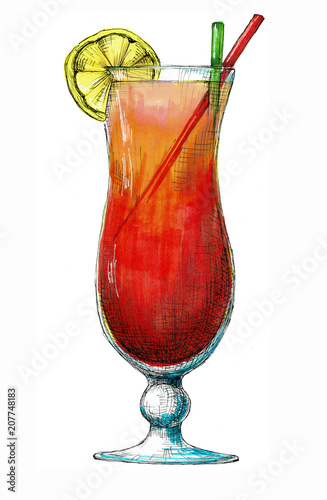 Sketch cocktail isolated on white background. Illustration drawn by markers.