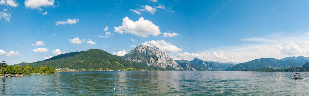 panoramic view of lake Traunsee and mount Traunstein in Upper Austria