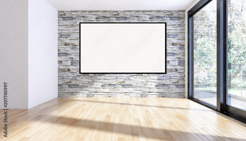 Modern bright interiors empty room with mockup poster frame 3D rendering illustration Modern bright interiors empty room with mockup poster frame 3D rendering illustration