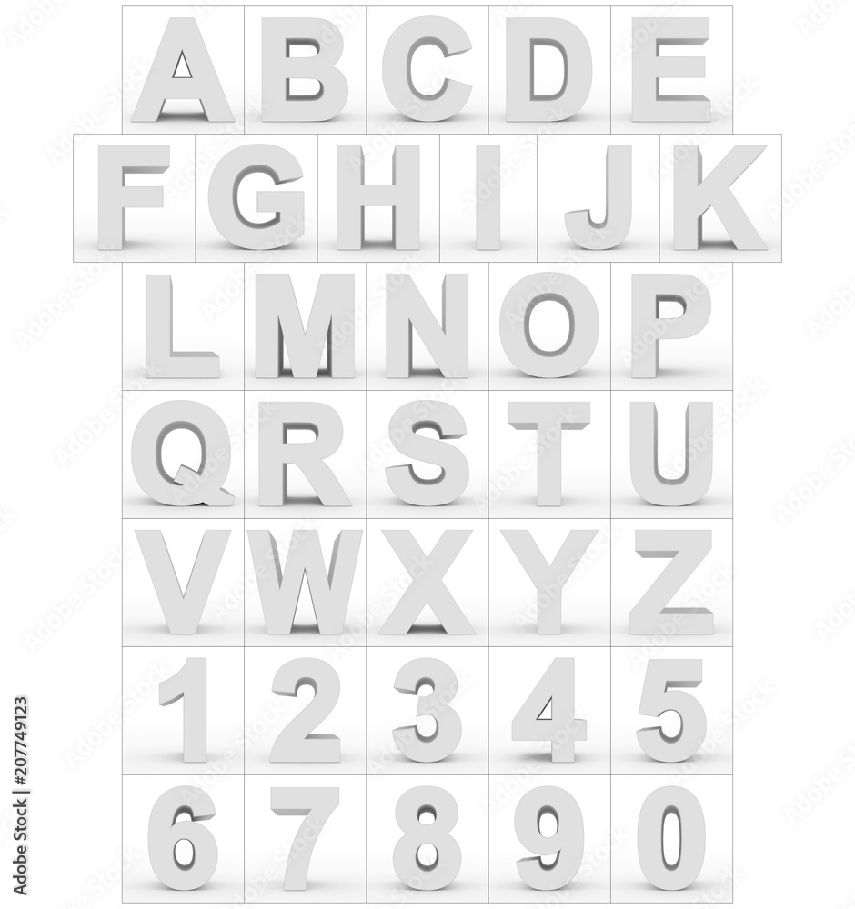 letters and numbers 3d white isolated on white