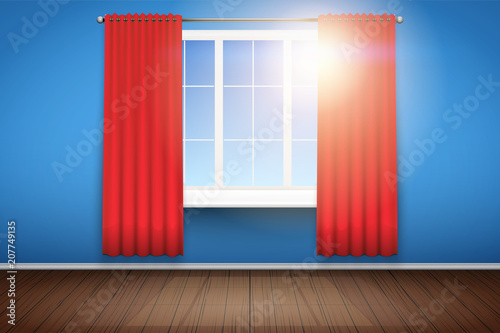 Empty room with Blue walls and window. Simple interior without furnish and furniture. Curtains are unfolded. Sunlight falls through the curtains. Vector.