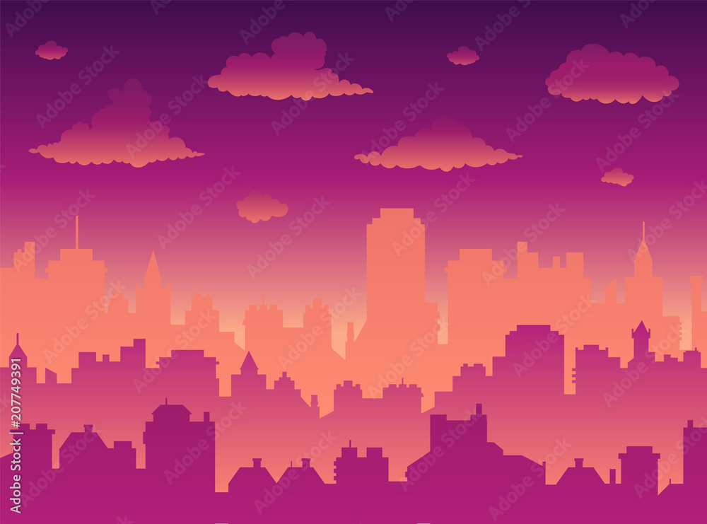 Fototapeta premium Flat cityscape with sunset sky over city and sunset/sunrise. Modern morning city skyline panoramic vector background. Urban city tower illustration, wallpaper. Silhouette of skyscrapers.
