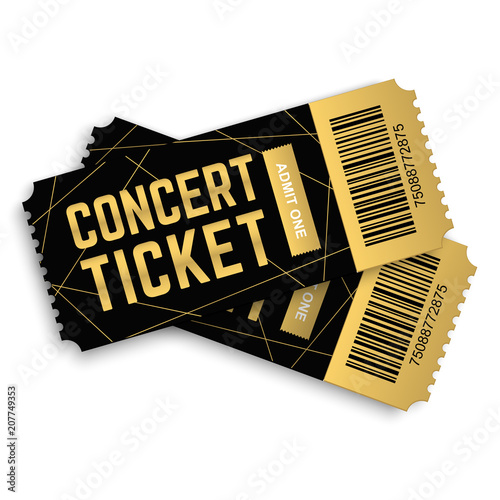 Two, couple vector golden concert ticket isolated on white background. Luxury realistic 3d design template. Icon picture for website.