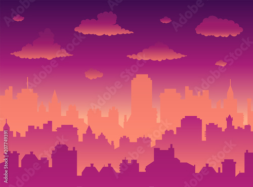 Flat cityscape with sunset sky over city and sunset/sunrise. Modern morning city skyline panoramic vector background. Urban city tower illustration, wallpaper. Silhouette of skyscrapers.  