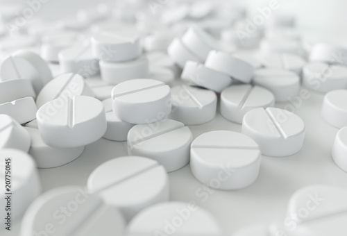 Close-up of a many medications on white background. - 3D Rendering photo