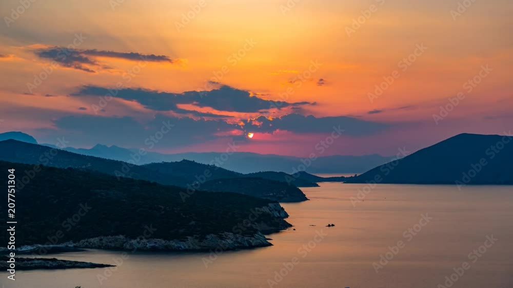 Panoramic view of sunset on small island Poros, Greece - Timelapse of summer sunset Panoramic view of sunset on small island Poros, Greece - Timelapse of summer sunset