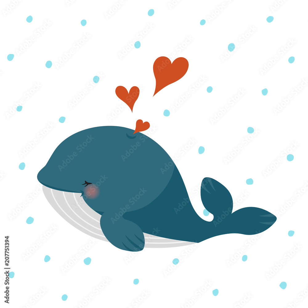 Fototapeta premium Cute blue whale with hearts on blue dots pattern