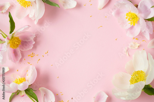 Spring flowers layout. Flat-lay of flowers over light pink background, top view with space for your text. Womens, Valentines or lovers day greeting card.