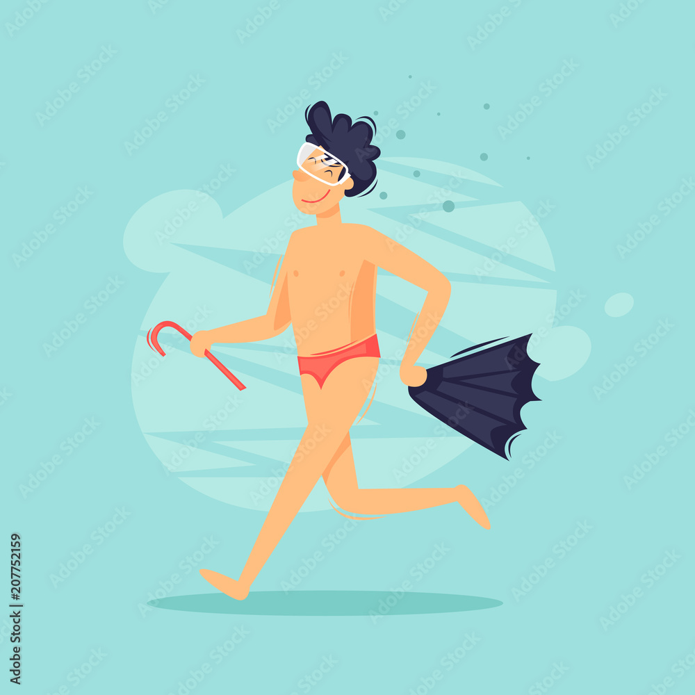 Man runs along the beach with fins and a mask, diving, swimming. Flat design vector illustration.