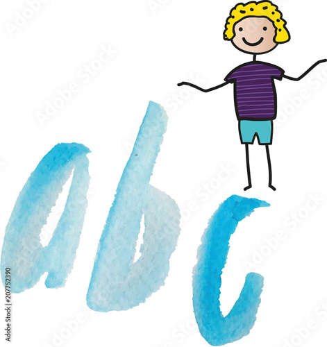 Einladung zur Einschulung, Schulbeginn, back to school, abc, Fröhlicher Junge und Buchstaben 