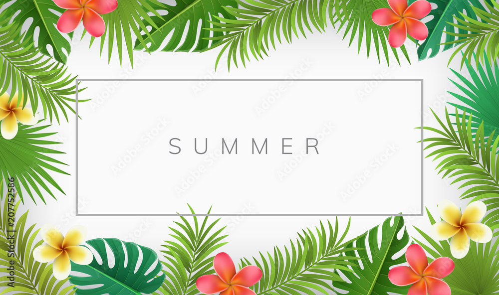 Obraz premium Lato rama z egzotycznymi kwiatami i liśćmi palmowymi. Ilustracja wektorowa dla tropikalnych ramek i tła