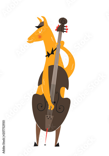Jazz lama. Cartoon lama plays on the double bass. Cute print for fabric, t-shirt, poster, card, bag. Bright vector template in mid-century style.