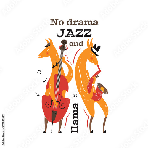 No drama jazz and llama. Cute card with llamas are playing on the double bass and saxophone. Bright vector clipart in mid-century style.