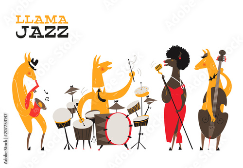 Llamas Jazz. Funny card with llamas jazz band. Llama sings into a golden microphone, llamas plays on the saxophone, double bass, snare drum. Print for fabric, t-shirt, poster, bag. Mid-century style.