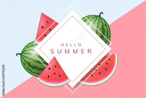 Summer frame with realistic watermelon whole fruit and slice. Vector illustration with geometric frame for summer and fruits photo