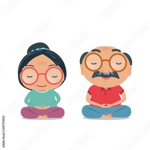 Grandparent, Old senior man and woman being physically and healthy. Cute yoga and meditation illustration in flat style isolated on white background. vector and illustration.