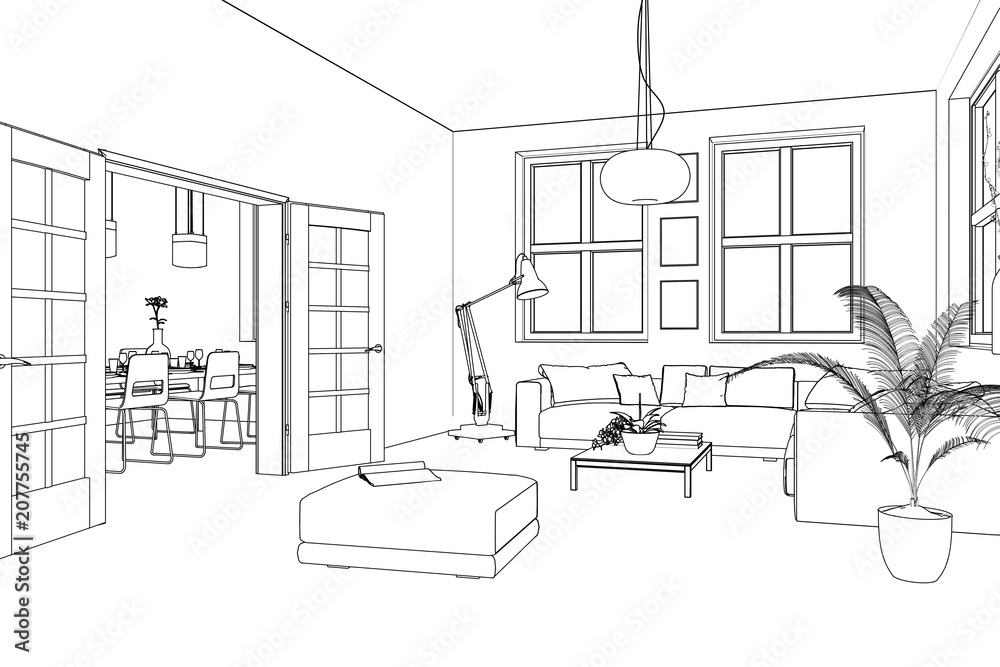 Interior Outline Sketch. Architectural Design. Hand Drawn Living Room.  Royalty Free SVG, Cliparts, Vectors, and Stock Illustration. Image 49238288.