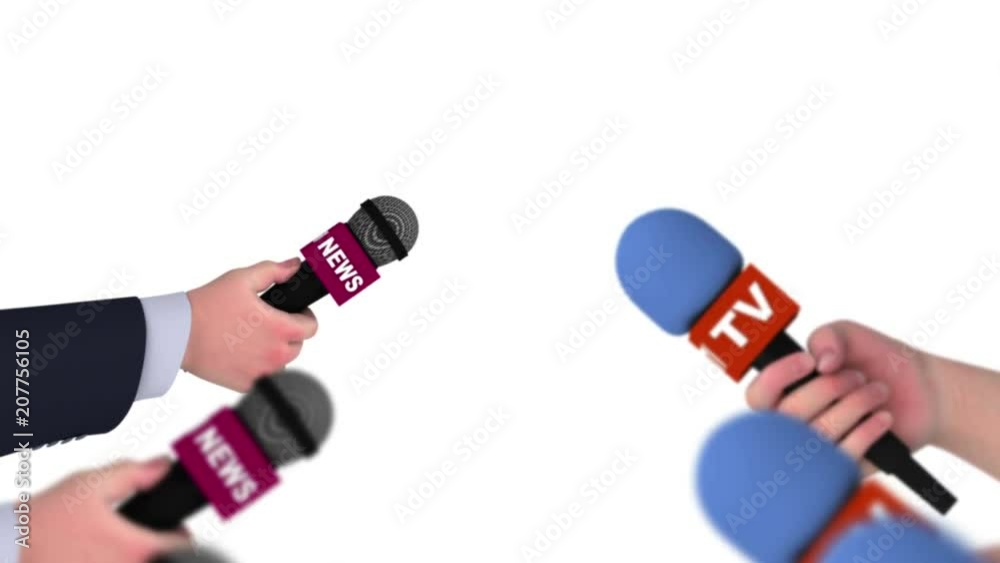 Microphones in hands of reporters, 3d animation on white background, seamless loop. Microphones in hands of reporters, 3d animation on white background, seamless loop.