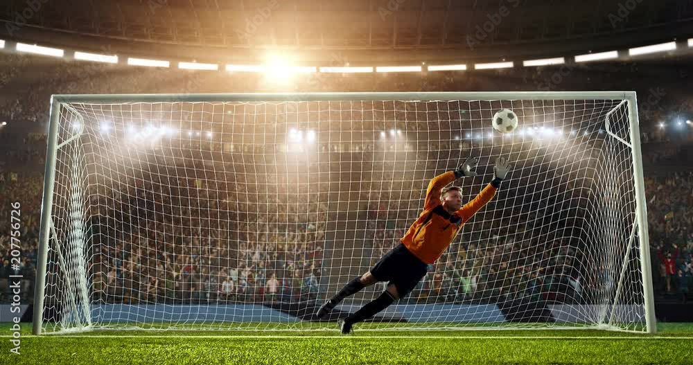 Soccer goalkeeper jumps and fails to catch ball on a professional soccer stadium. Stadium and crowd is made in 3D and animated