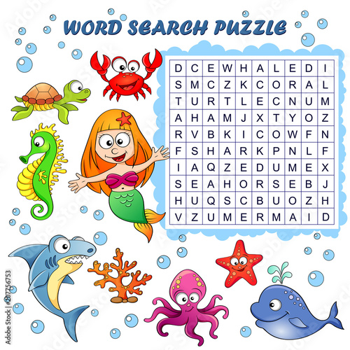 Word search puzzle. Vector education game for children. Sea animals