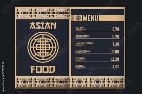 Asian style menu with asian patterns and symbols. Sushi and traditional asian food. Template for restaurant. Traditional asian colors. Vector illustration