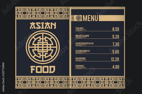 Asian style menu with asian patterns and symbols. Sushi and traditional asian food. Template for restaurant. Traditional asian colors. Vector illustration